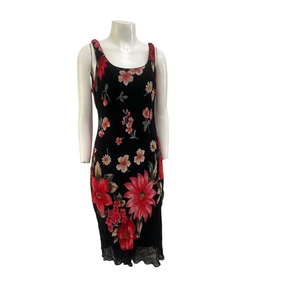 Vintage Black Floral Beaded Slip Dress 90s Y2K Black Sheer Bias Cut Midi 14 -